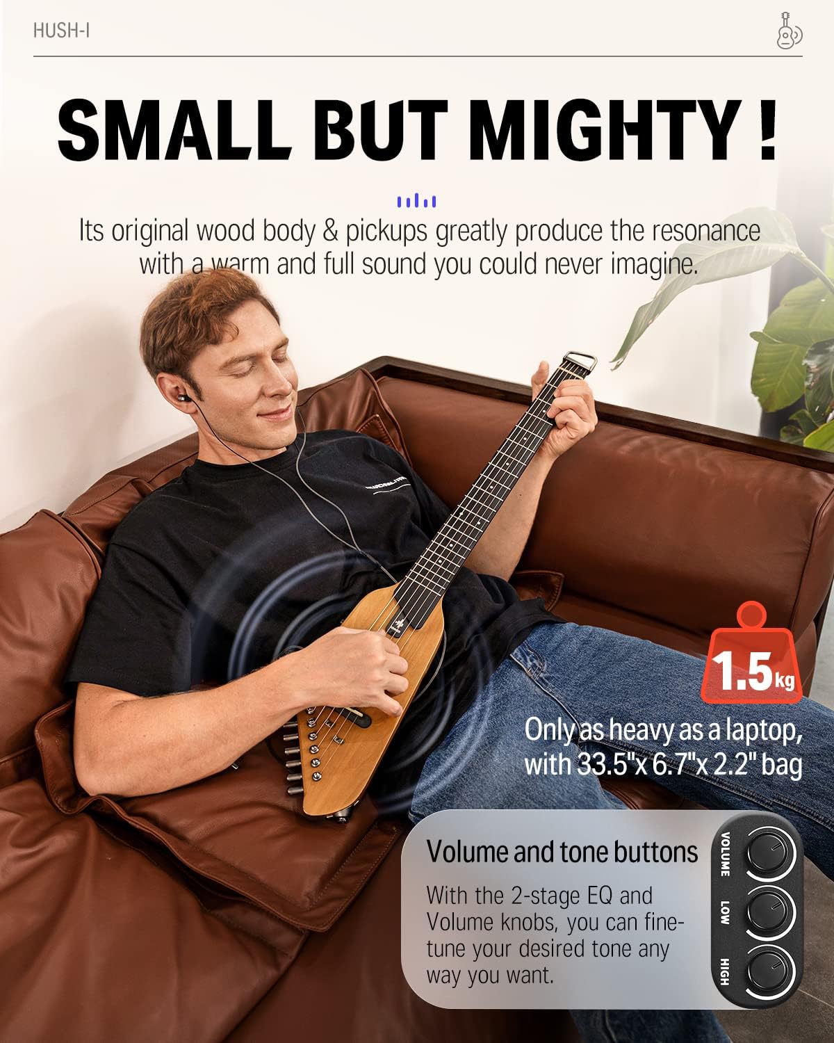 Drift Tone: HUSH I Guitar For Travel - Portable Ultra-Light and Quiet Performance Headless Acoustic-Electric Guitar, Mahogany Body with Removable Frames, Gig Bag,and Accessories