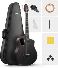 Drift Tone: Carbon X Wood Acoustic Guitar Beginner & Intermediate Learner Kits - Carbon Fiber Top, Wooden Back & Sides, 38" Travel Guitar with Case, Strap, Steel-String, RISING-G1 (Gloss, Brown)