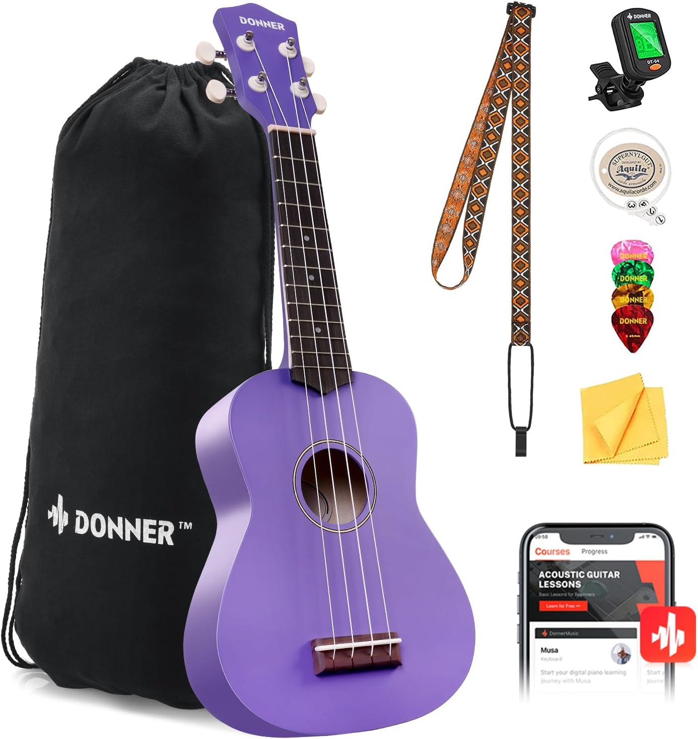 Drift Tone: Soprano Ukulele for Beginner 21 Inch Matte Ukulele Beginner Kit with Bag Strap Tuner Strings Picks Cloth, Free Online Lessons, Kids Holiday Christmas & Birthday Gift (Light Pink)