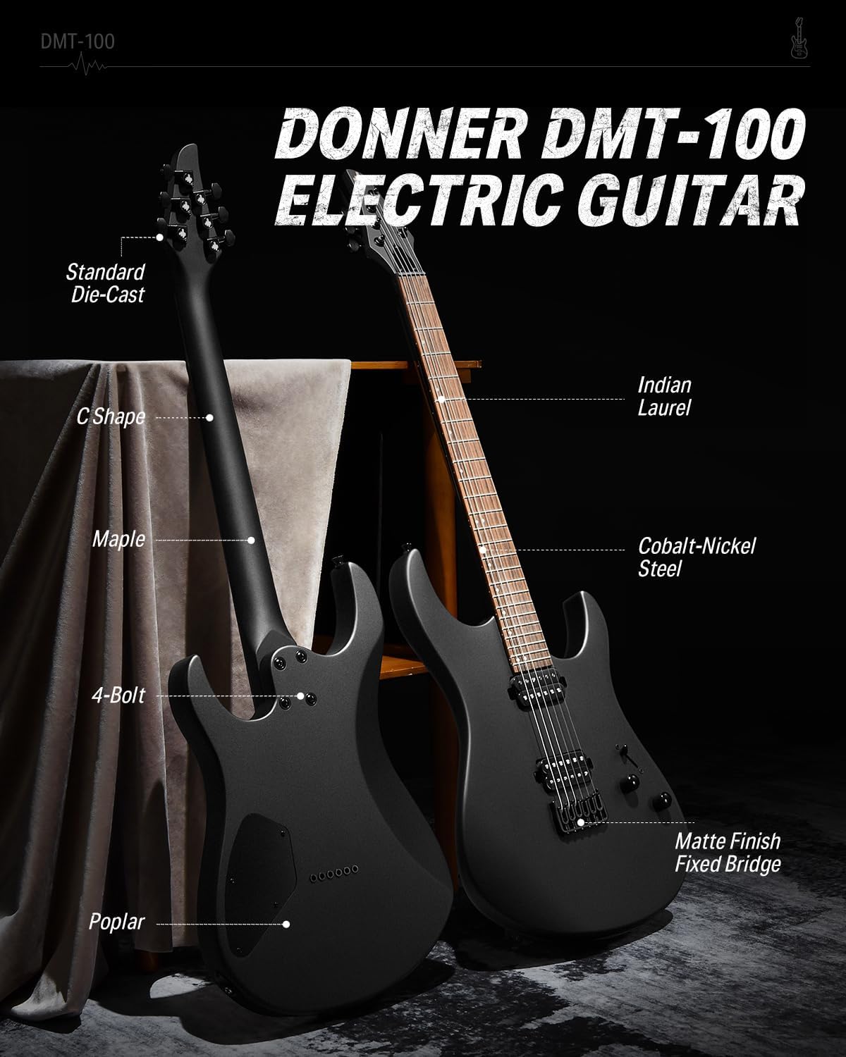 Drift Tone: , DST-152B 39" Electric Guitar Kit HSS Pickup Coil Split with Amp, Bag, Accessories, Black Solid Body Guitarra Electrica