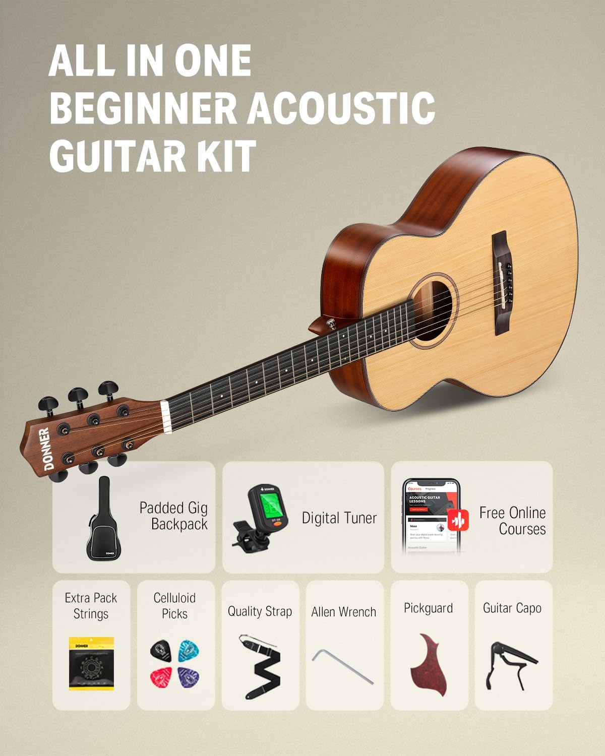 Drift Tone: Left Handed Acoustic Guitar Kit for Beginner Adult Full Size Cutaway Lefty Acustica Guitarra Bundle Set with Bag Strap Tuner Capo Pickguard String, 41 Inch, DAG-1CL