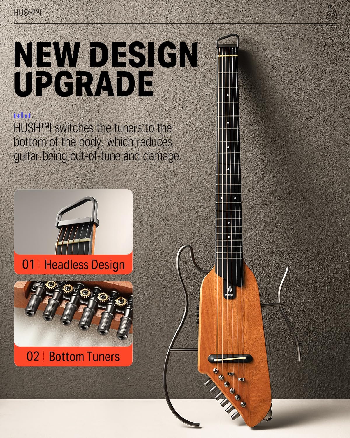 Drift Tone: HUSH I Guitar For Travel - Portable Ultra-Light and Quiet Performance Headless Acoustic-Electric Guitar, Mahogany Body with Removable Frames, Gig Bag,and Accessories