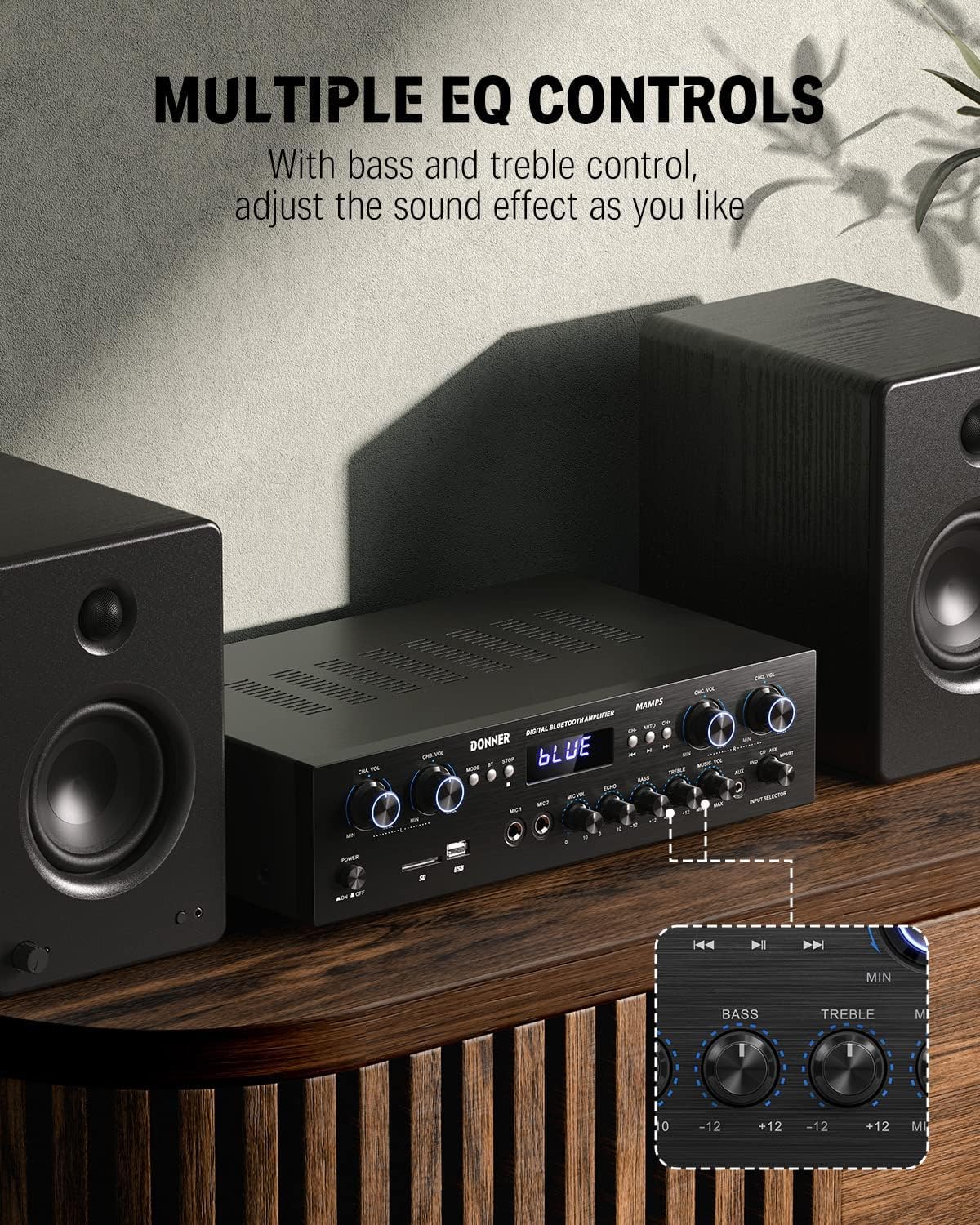 Drift Tone:  Bluetooth 5.0 Stereo Audio Amplifier Receiver, 4 Channel 440W Peak Power Home Theater Stereo Receiver with USB, SD, FM, 2 Mic in Echo, RCA, LED, Speaker Selector for Studio, Home - MAMP5