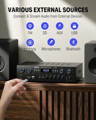 Drift Tone:  Bluetooth 5.0 Stereo Audio Amplifier Receiver, 4 Channel 440W Peak Power Home Theater Stereo Receiver with USB, SD, FM, 2 Mic in Echo, RCA, LED, Speaker Selector for Studio, Home - MAMP5