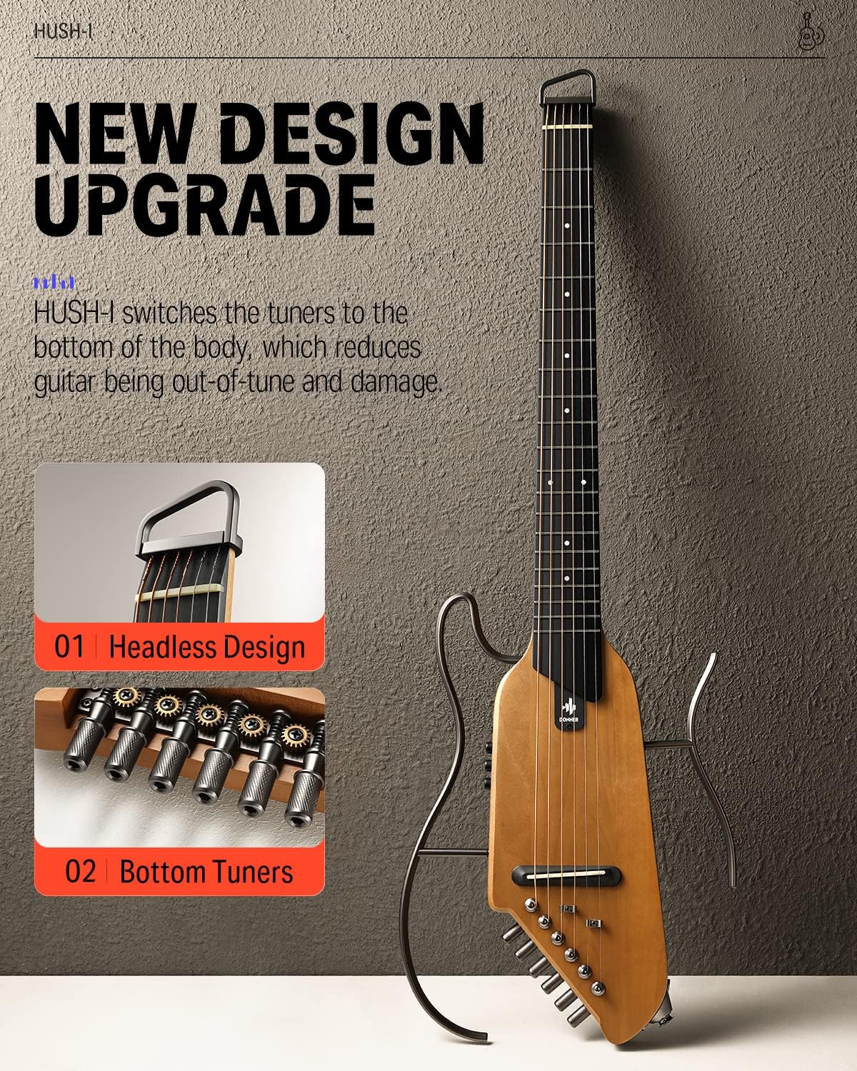 Drift Tone: HUSH I Guitar For Travel - Portable Ultra-Light and Quiet Performance Headless Acoustic-Electric Guitar, Mahogany Body with Removable Frames, Gig Bag,and Accessories