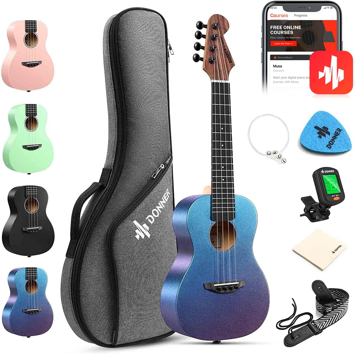 Drift Tone: Soprano Ukulele for Beginner 21 Inch Matte Ukulele Beginner Kit with Bag Strap Tuner Strings Picks Cloth, Free Online Lessons, Kids Holiday Christmas & Birthday Gift (Light Pink)