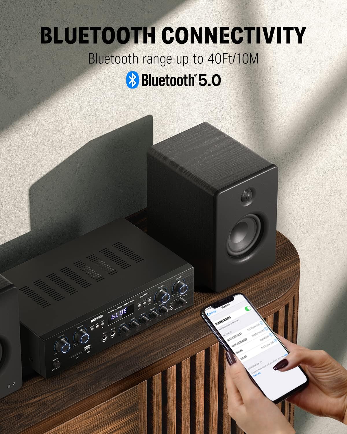 Drift Tone:  Bluetooth 5.0 Stereo Audio Amplifier Receiver, 4 Channel 440W Peak Power Home Theater Stereo Receiver with USB, SD, FM, 2 Mic in Echo, RCA, LED, Speaker Selector for Studio, Home - MAMP5