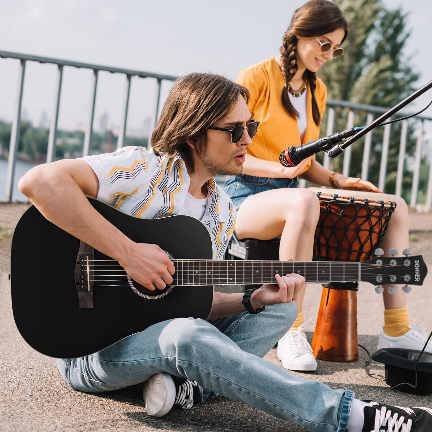Drift Tone: Acoustic Guitar for Beginner Adult 36'' Dreadnought 3/4 Size Black Guitar Bundle Package Kit Travel, Spruce Wood With Gig Bag Capo Tuner Strap String Guitar Picks DAG-1MB/DAT-110D