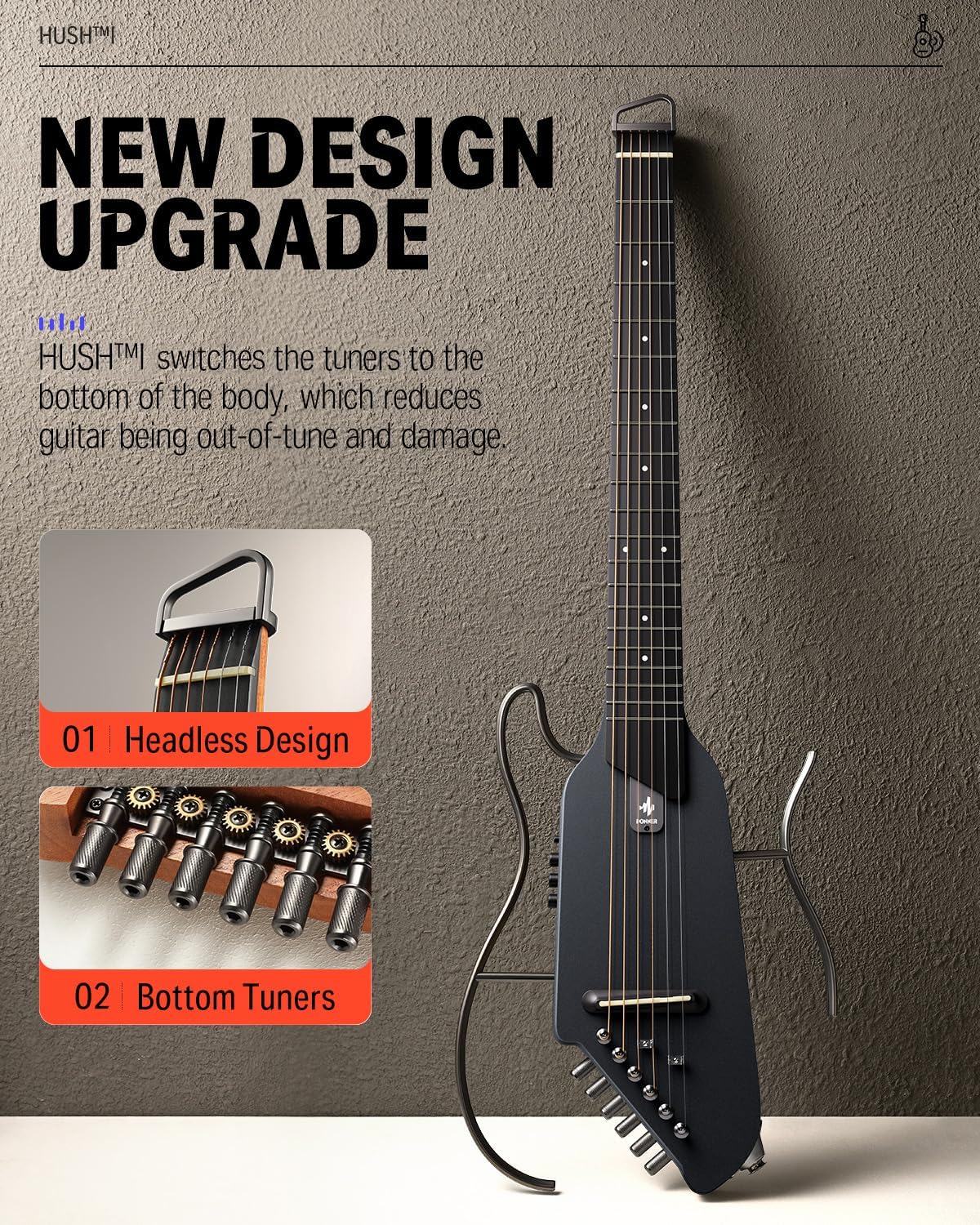 Drift Tone: HUSH I Guitar For Travel - Portable Ultra-Light and Quiet Performance Headless Acoustic-Electric Guitar, Mahogany Body with Removable Frames, Gig Bag,and Accessories